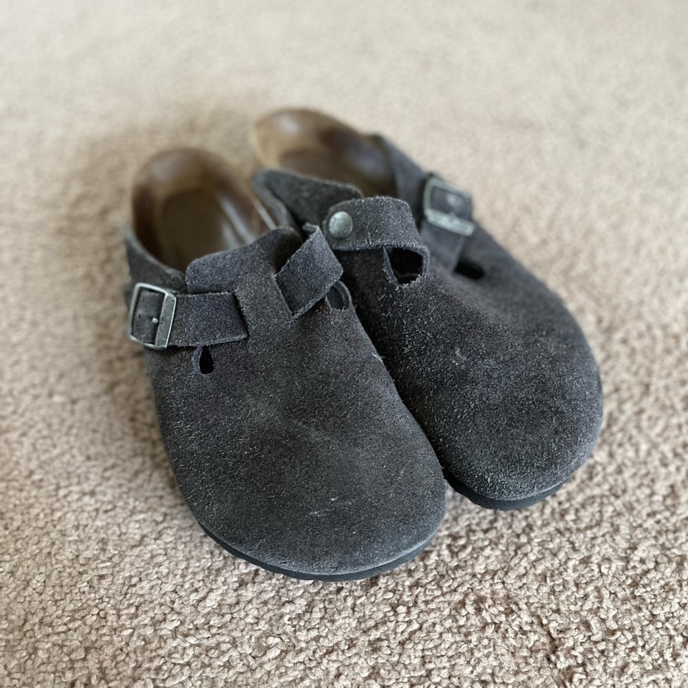 Birkenstock 37 Boston suede gray closed toe 6 6.5 shoes mules soft footbed